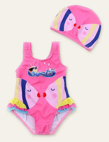 Fish Cute Printed Swimsuit + Swimming Cap - Mini Taylor